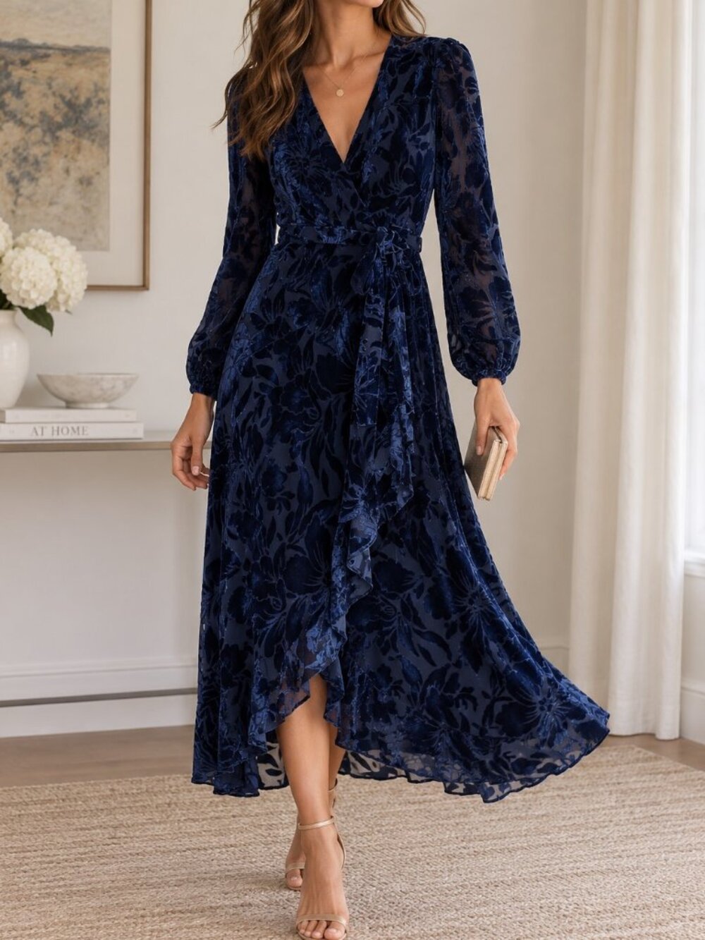 Hutch Navy Blue Velvet Burnout Floral Wrap Maxi Dress Long Sleeve High Low